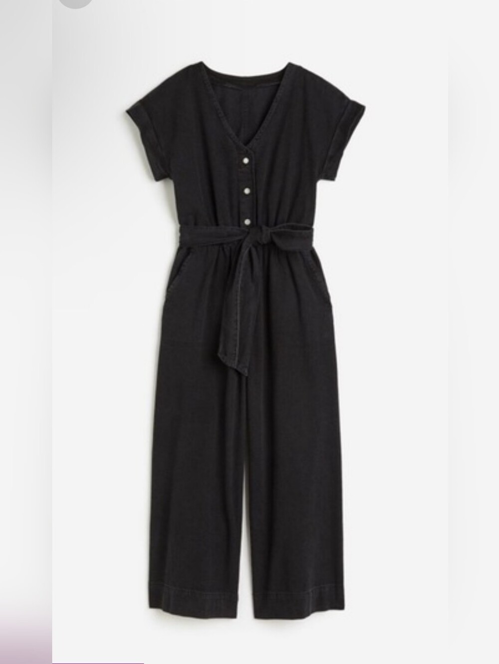 H&M Black V-Neck Short Sleeve Jumpsuit with Tie Waist